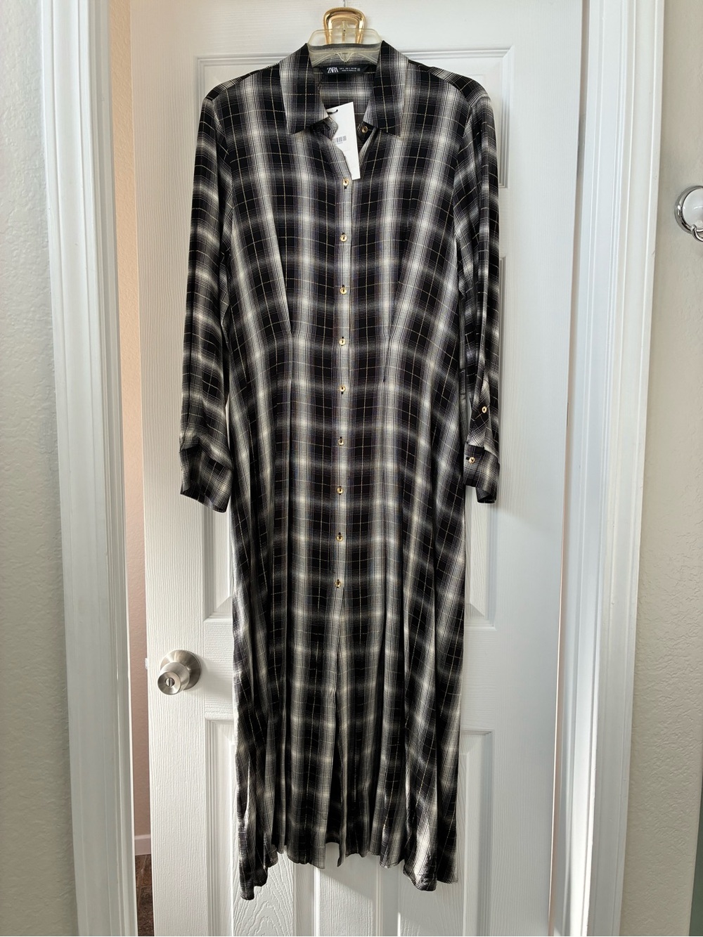 Zara Black and White Plaid Maxi Shirt Dress